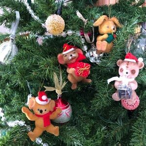 Vtg Flocked Animal Tree Ornaments